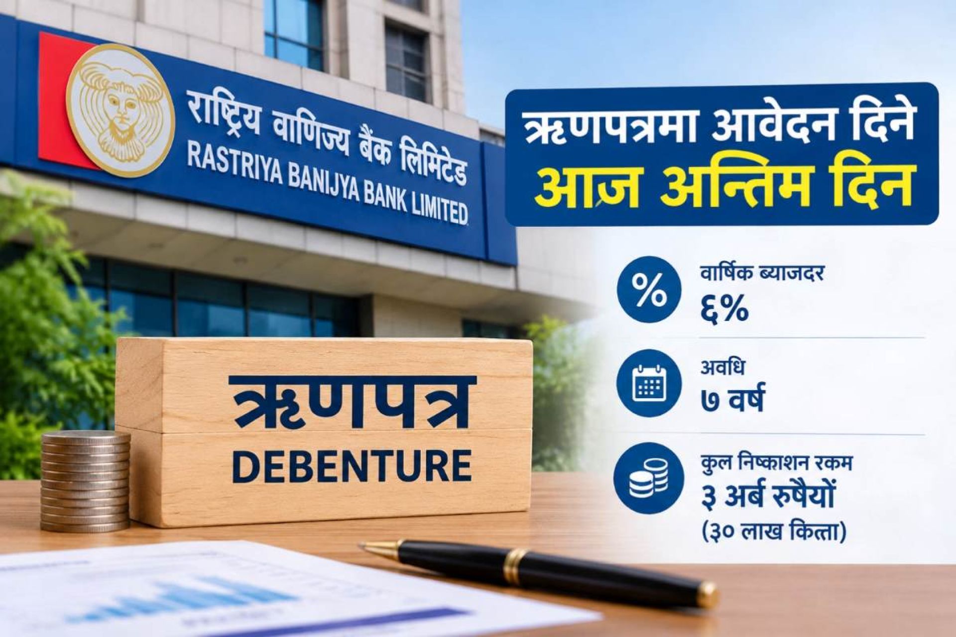 राष्ट्रिय वाणिज्य बैंकको ६ प्रतिशत ब्याजदरको ऋणपत्रमा आवेदन दिने आज अन्तिम दिन